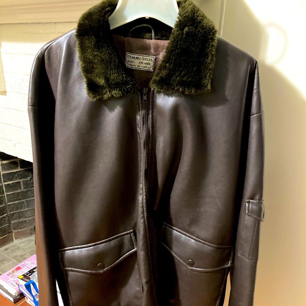 Brown Faux Leather Bomber Jacket